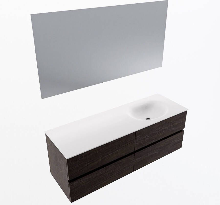 Mondiaz VICA 140cm badmeubel onderkast Dark Brown 4 lades. Wastafel MOON rechts zonder kraangat kleur Talc.