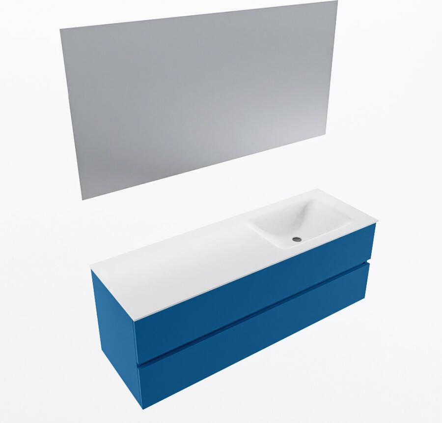 Mondiaz VICA 140cm badmeubel onderkast Jeans 2 lades. Wastafel CLOUD rechts zonder kraangat kleur Talc.