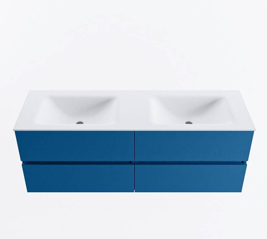 Mondiaz VICA 140cm badmeubel onderkast Jeans 4 lades. Wastafel CLOUD dubbel 2 kraangaten kleur Talc.