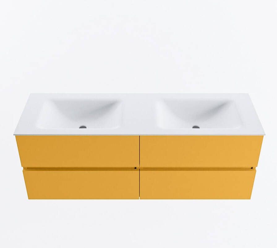 Mondiaz VICA 140cm badmeubel onderkast Ocher 4 lades. Wastafel CLOUD dubbel 2 kraangaten kleur Talc.