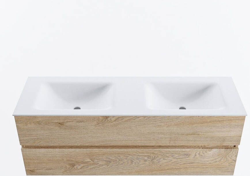 Mondiaz VICA 140cm badmeubel onderkast Washed Oak 2 lades. Wastafel CLOUD dubbel 2 kraangaten kleur Talc.