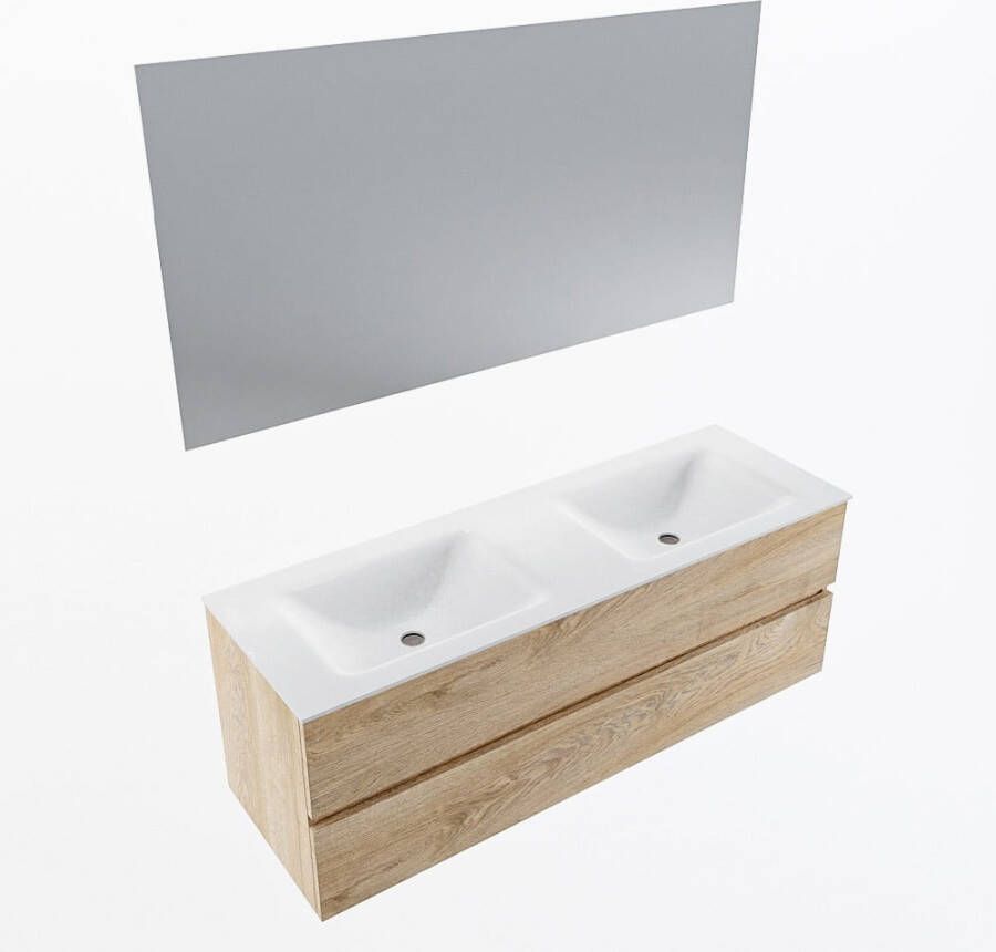 Mondiaz VICA 140cm badmeubel onderkast Washed Oak 2 lades. Wastafel CLOUD dubbel zonder kraangat kleur Talc.