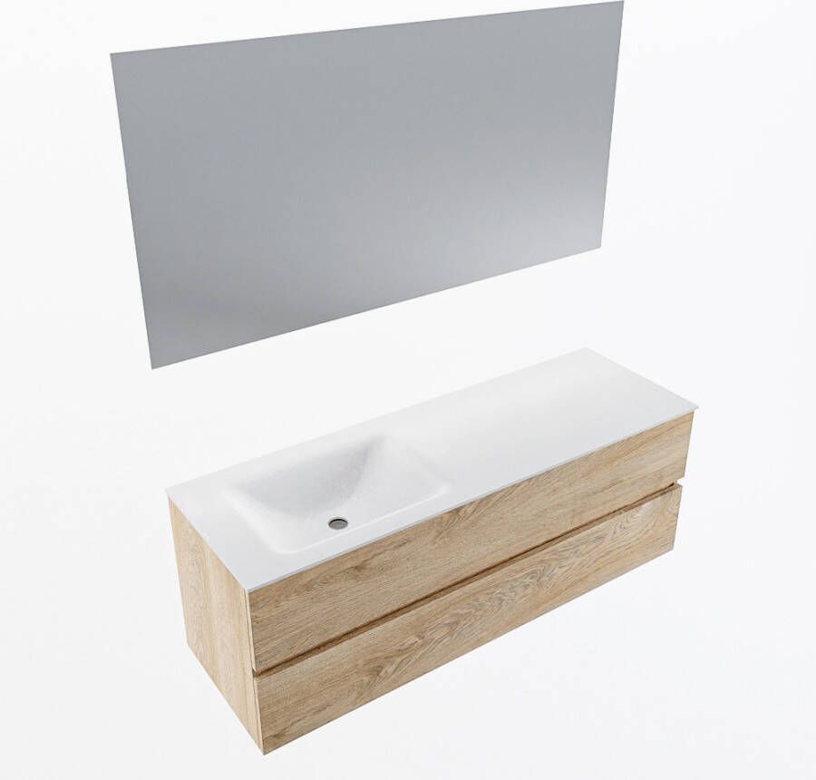 Mondiaz VICA 140cm badmeubel onderkast Washed Oak 2 lades. Wastafel CLOUD links 1 kraangat kleur Talc.