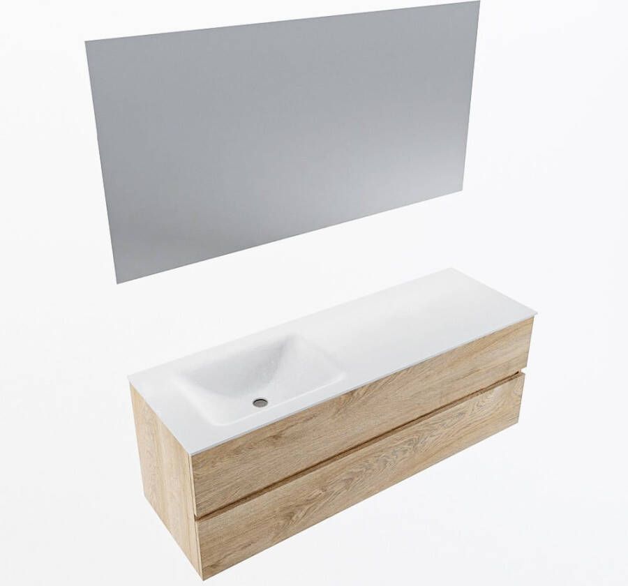 Mondiaz VICA 140cm badmeubel onderkast Washed Oak 2 lades. Wastafel CLOUD links zonder kraangat kleur Talc.