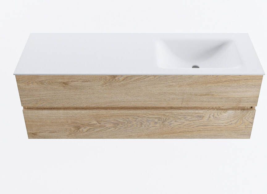 Mondiaz VICA 140cm badmeubel onderkast Washed Oak 2 lades. Wastafel CLOUD rechts zonder kraangat kleur Talc.