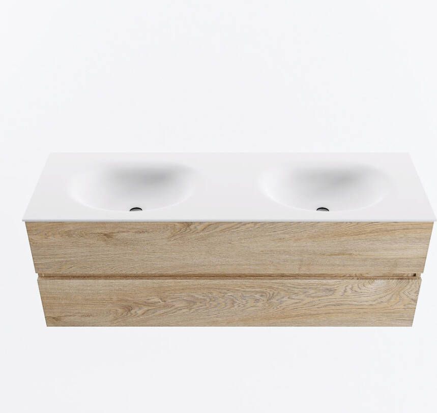 Mondiaz VICA 140cm badmeubel onderkast Washed Oak 2 lades. Wastafel MOON dubbel 2 kraangaten kleur Talc.