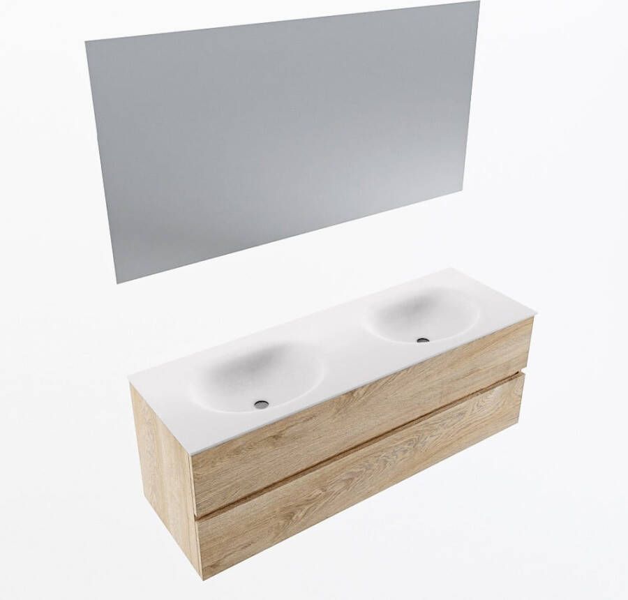 Mondiaz VICA 140cm badmeubel onderkast Washed Oak 2 lades. Wastafel MOON dubbel zonder kraangat kleur Talc.