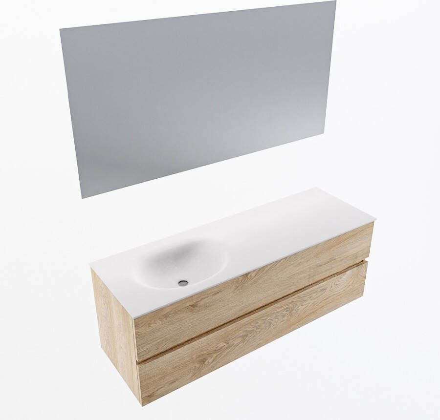 Mondiaz VICA 140cm badmeubel onderkast Washed Oak 2 lades. Wastafel MOON links 1 kraangat kleur Talc.