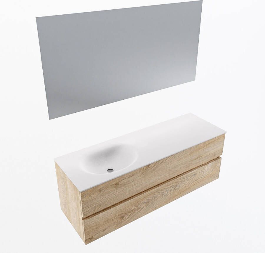 Mondiaz VICA 140cm badmeubel onderkast Washed Oak 2 lades. Wastafel MOON links zonder kraangat kleur Talc.