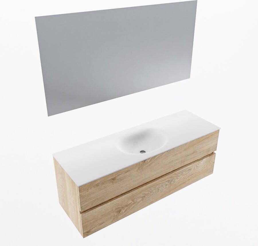 Mondiaz VICA 140cm badmeubel onderkast Washed Oak 2 lades. Wastafel MOON midden 1 kraangat kleur Talc.