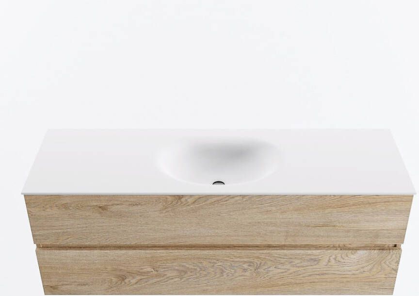 Mondiaz VICA 140cm badmeubel onderkast Washed Oak 2 lades. Wastafel MOON midden zonder kraangat kleur Talc.