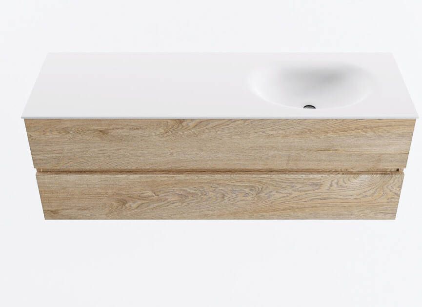 Mondiaz VICA 140cm badmeubel onderkast Washed Oak 2 lades. Wastafel MOON rechts zonder kraangat kleur Talc.