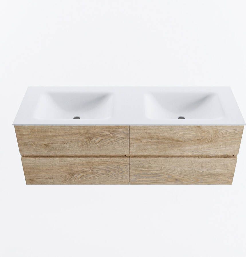 Mondiaz VICA 140cm badmeubel onderkast Washed Oak 4 lades. Wastafel CLOUD dubbel 2 kraangaten kleur Talc.
