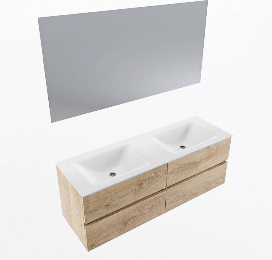 Mondiaz VICA 140cm badmeubel onderkast Washed Oak 4 lades. Wastafel CLOUD dubbel zonder kraangat kleur Talc.