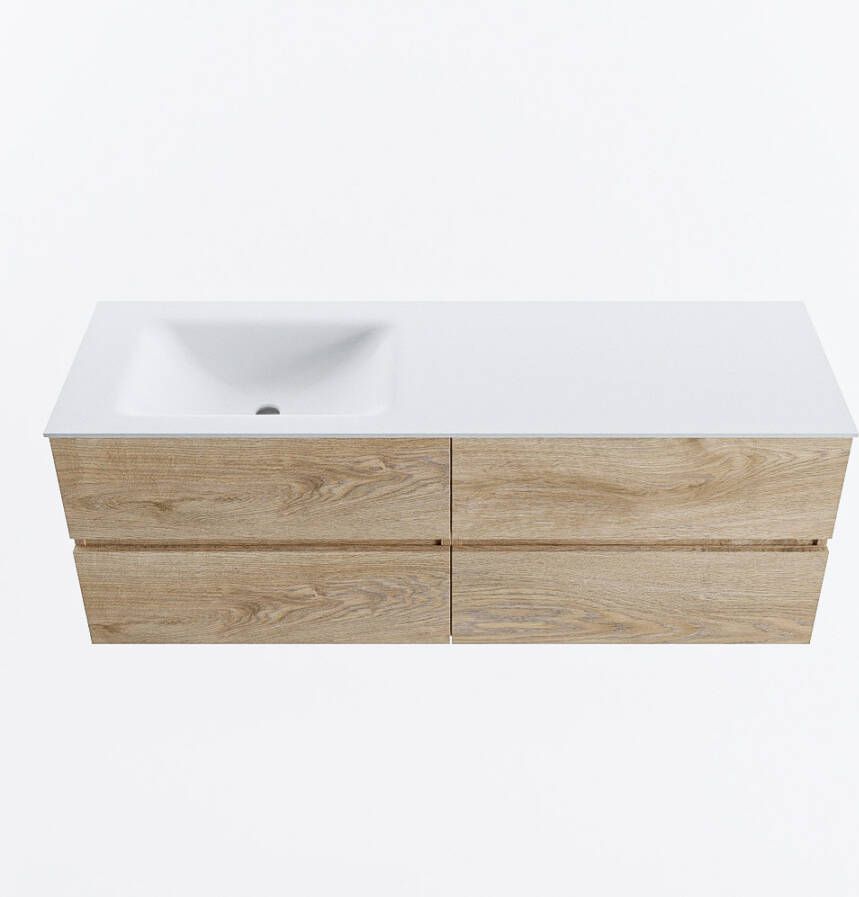 Mondiaz VICA 140cm badmeubel onderkast Washed Oak 4 lades. Wastafel CLOUD links 1 kraangat kleur Talc.