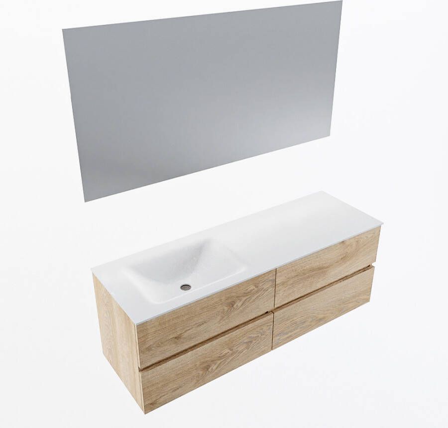 Mondiaz VICA 140cm badmeubel onderkast Washed Oak 4 lades. Wastafel CLOUD links zonder kraangat kleur Talc.