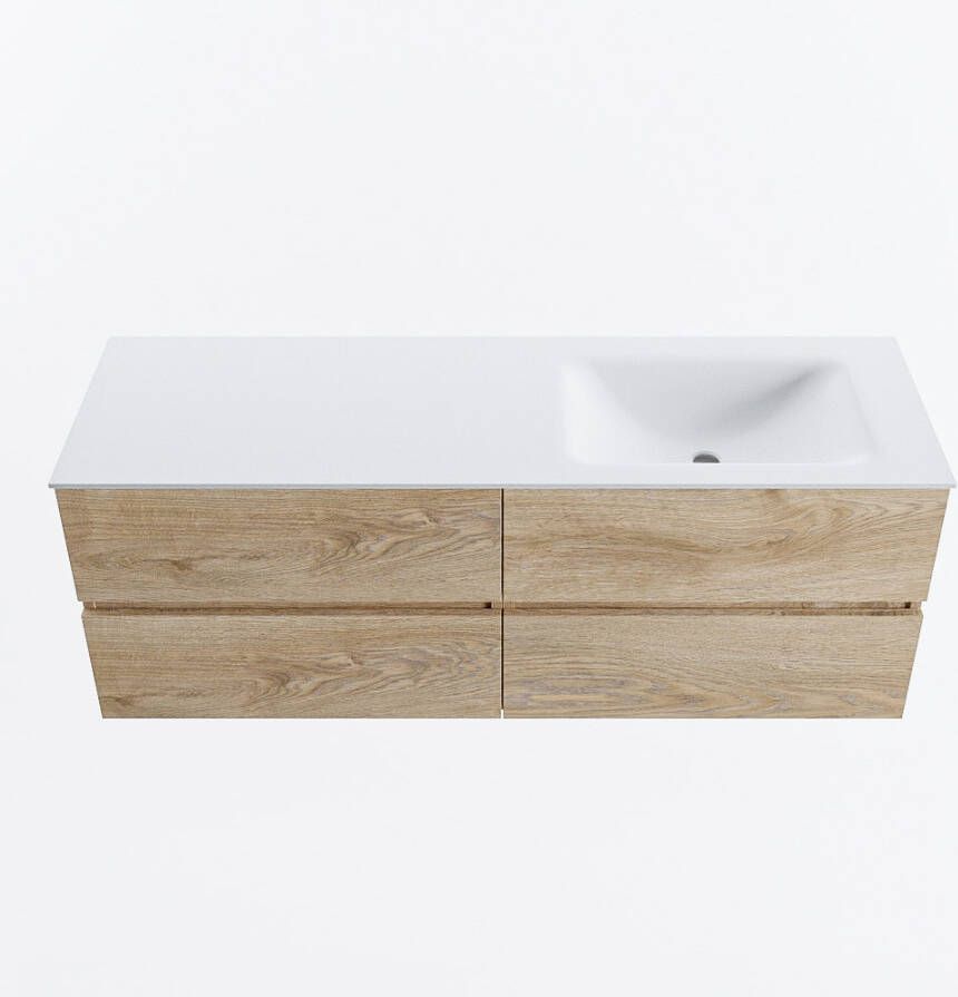 Mondiaz VICA 140cm badmeubel onderkast Washed Oak 4 lades. Wastafel CLOUD rechts zonder kraangat kleur Talc.