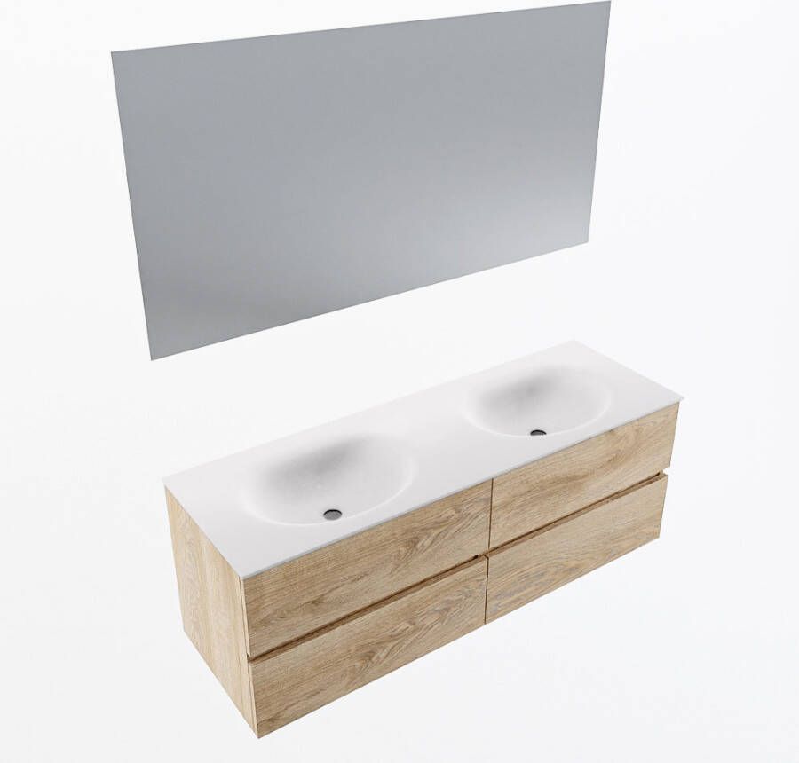 Mondiaz VICA 140cm badmeubel onderkast Washed Oak 4 lades. Wastafel MOON dubbel zonder kraangat kleur Talc.