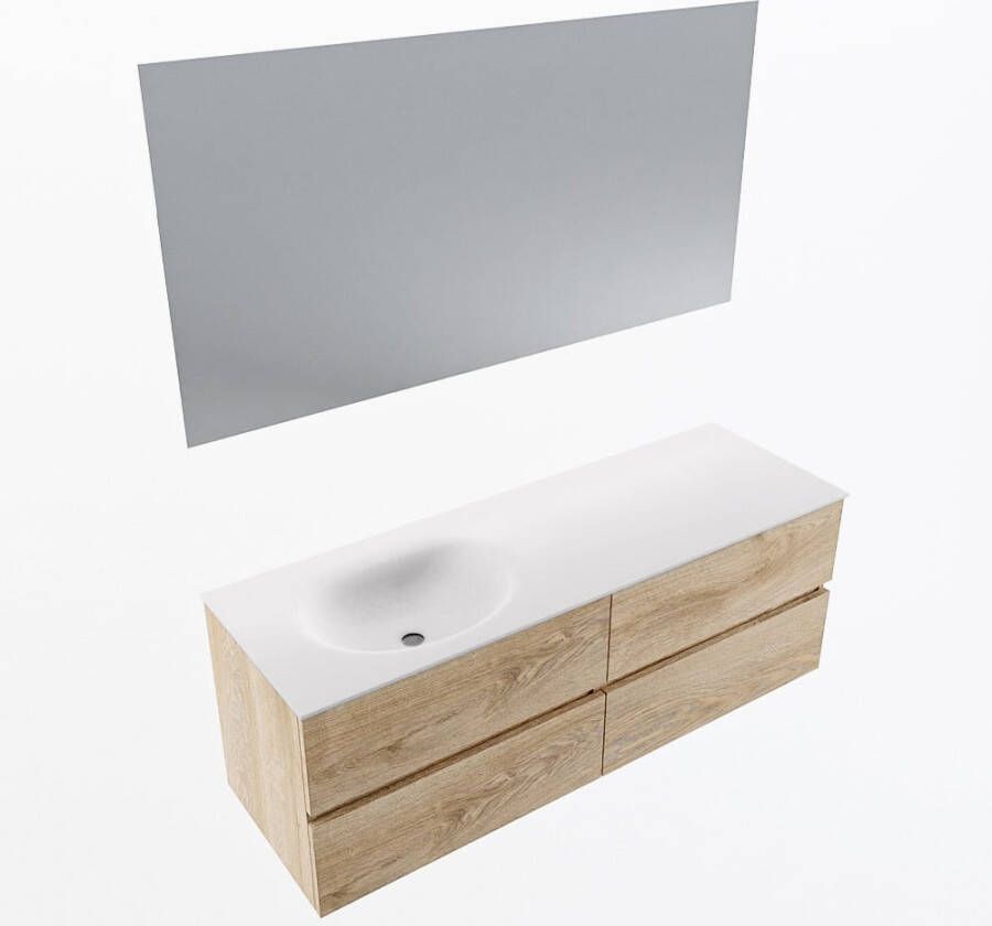 Mondiaz VICA 140cm badmeubel onderkast Washed Oak 4 lades. Wastafel MOON links 1 kraangat kleur Talc.