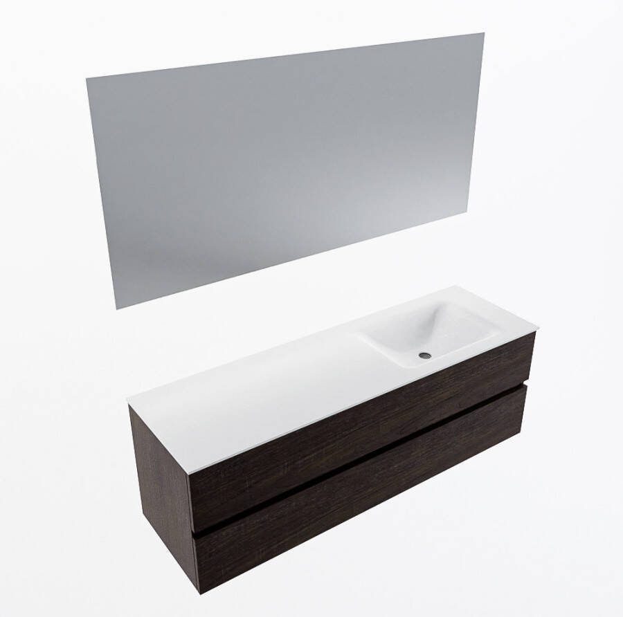 Mondiaz VICA 150cm badmeubel onderkast Dark Brown 2 lades. Wastafel CLOUD rechts zonder kraangat kleur Talc.