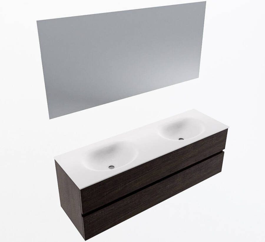 Mondiaz VICA 150cm badmeubel onderkast Dark Brown 2 lades. Wastafel MOON dubbel zonder kraangat kleur Talc.
