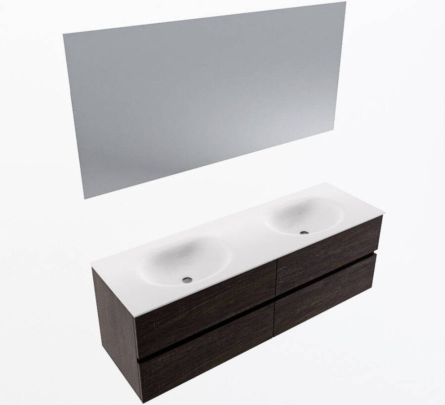 Mondiaz VICA 150cm badmeubel onderkast Dark Brown 4 lades. Wastafel MOON dubbel 2 kraangaten kleur Talc.