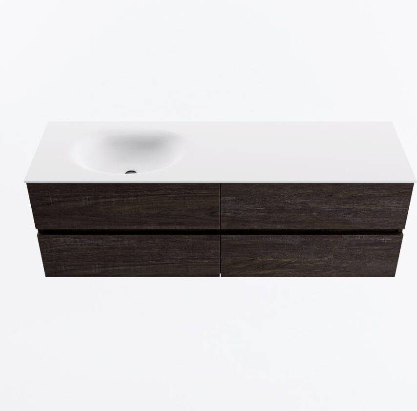 Mondiaz VICA 150cm badmeubel onderkast Dark Brown 4 lades. Wastafel MOON links 1 kraangat kleur Talc.