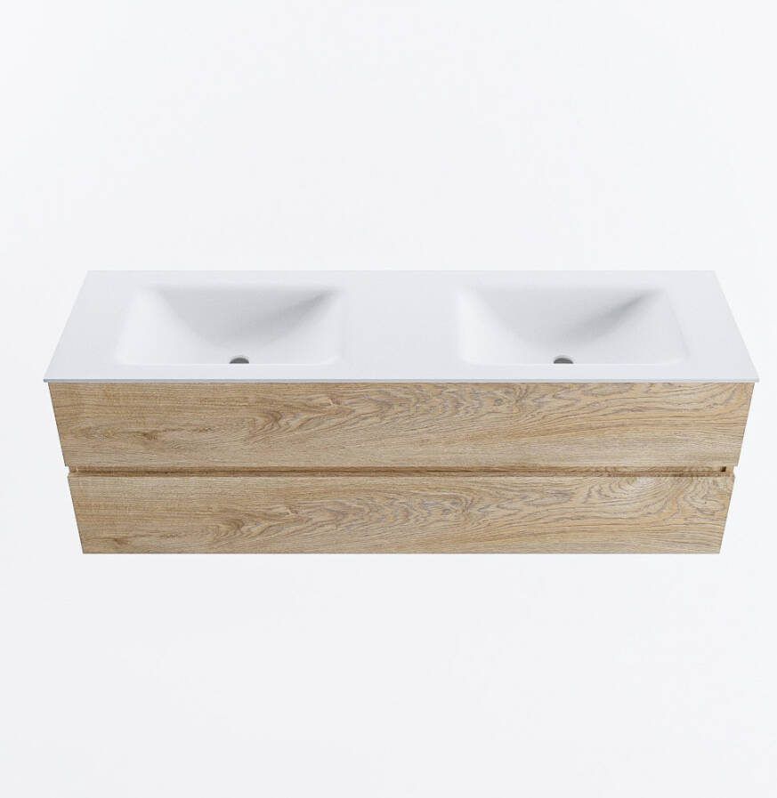 Mondiaz VICA 150cm badmeubel onderkast Washed Oak 2 lades. Wastafel CLOUD dubbel 2 kraangaten kleur Talc.
