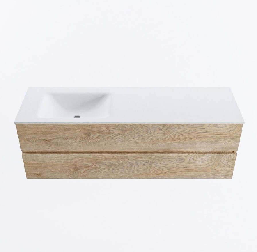 Mondiaz VICA 150cm badmeubel onderkast Washed Oak 2 lades. Wastafel CLOUD links zonder kraangat kleur Talc.