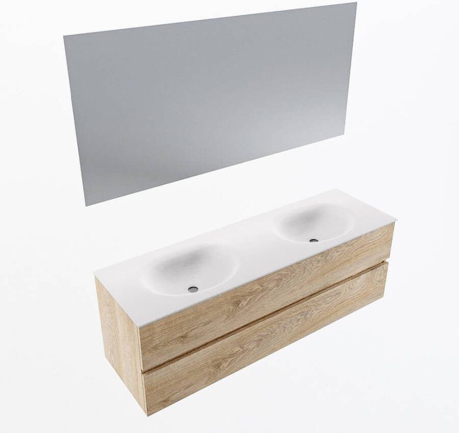 Mondiaz VICA 150cm badmeubel onderkast Washed Oak 2 lades. Wastafel MOON dubbel 2 kraangaten kleur Talc.