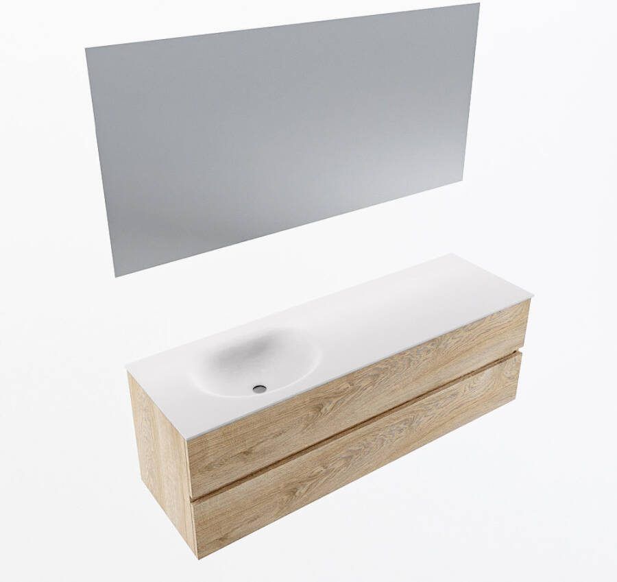Mondiaz VICA 150cm badmeubel onderkast Washed Oak 2 lades. Wastafel MOON links 1 kraangat kleur Talc.