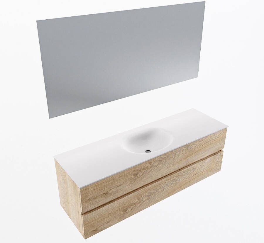 Mondiaz VICA 150cm badmeubel onderkast Washed Oak 2 lades. Wastafel MOON midden 1 kraangat kleur Talc.