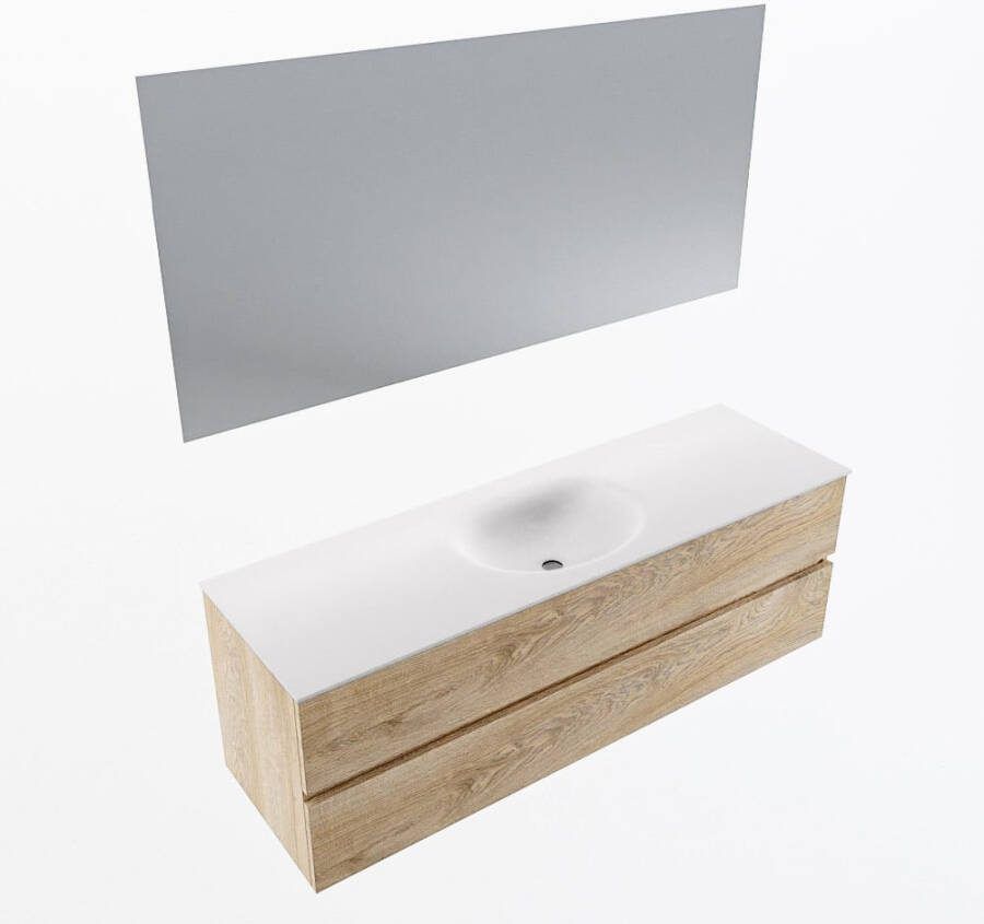 Mondiaz VICA 150cm badmeubel onderkast Washed Oak 2 lades. Wastafel MOON midden zonder kraangat kleur Talc.