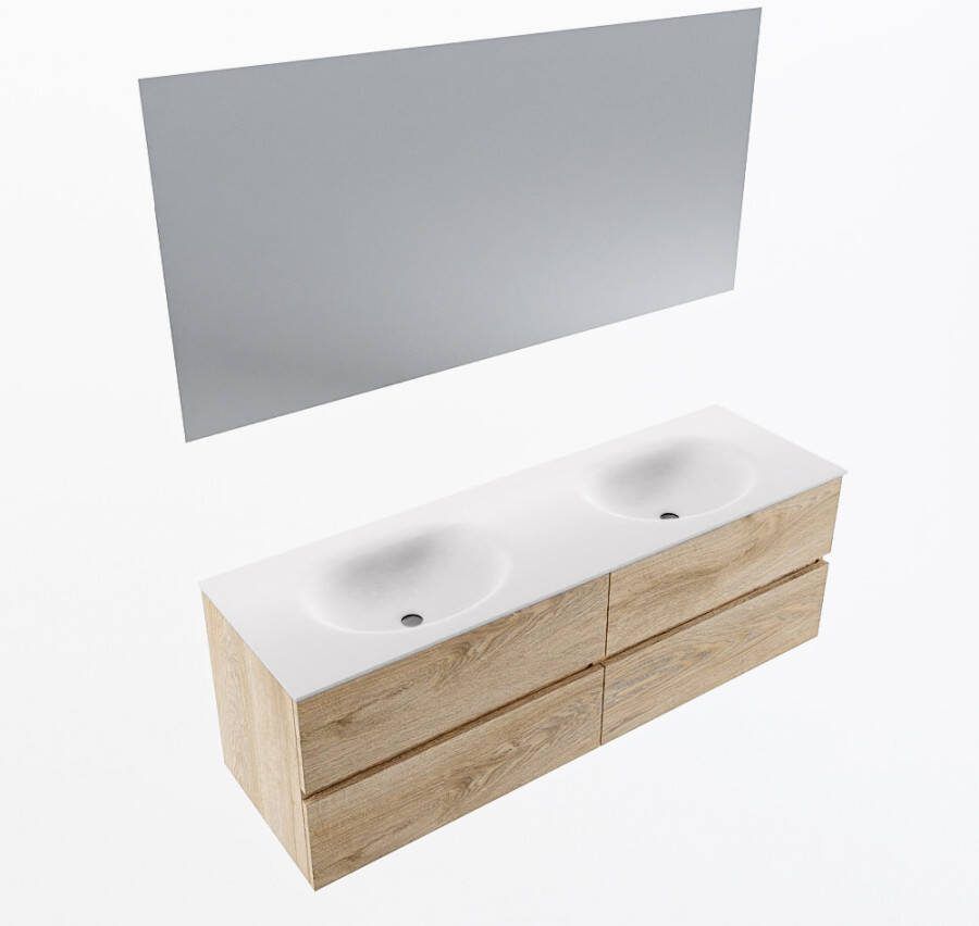 Mondiaz VICA 150cm badmeubel onderkast Washed Oak 4 lades. Wastafel MOON dubbel zonder kraangat kleur Talc.
