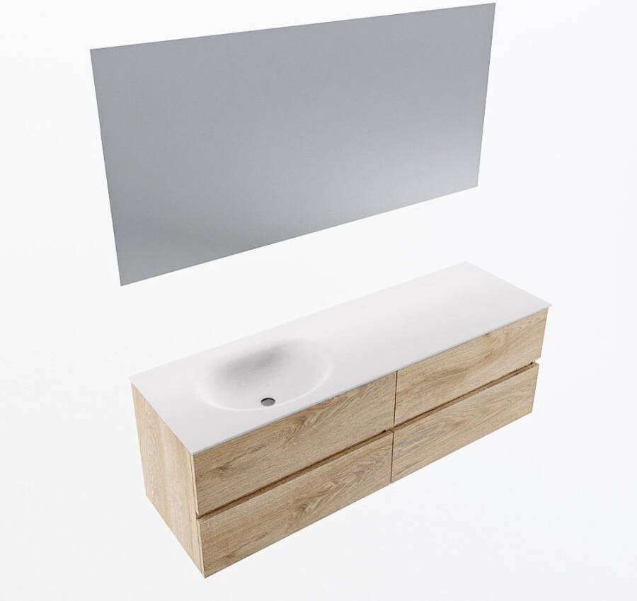 Mondiaz VICA 150cm badmeubel onderkast Washed Oak 4 lades. Wastafel MOON links 1 kraangat kleur Talc.