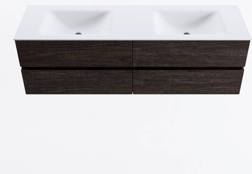 Mondiaz VICA 160cm badmeubel onderkast Dark Brown 4 lades. Wastafel CLOUD dubbel zonder kraangat kleur Talc.