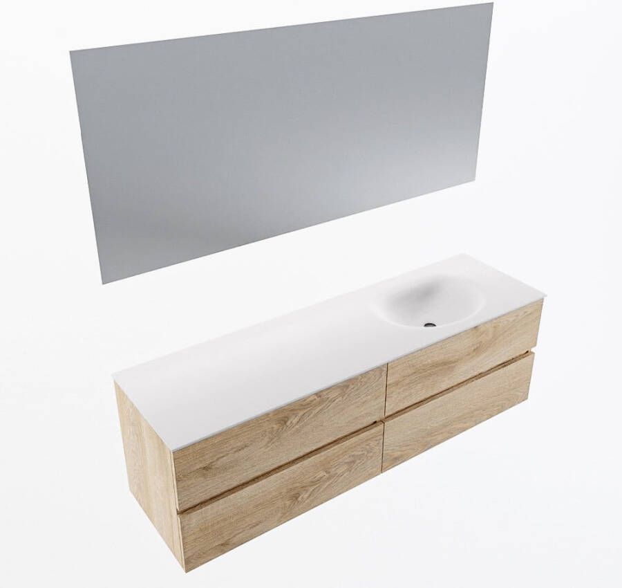 Mondiaz VICA 160cm badmeubel onderkast Washed Oak 4 lades. Wastafel MOON rechts zonder kraangat kleur Talc.