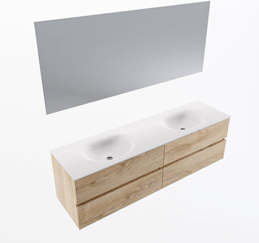 Mondiaz VICA 170cm badmeubel onderkast Washed Oak 4 lades. Wastafel MOON dubbel 2 kraangaten kleur Talc.