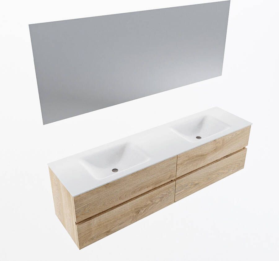Mondiaz VICA 180cm badmeubel onderkast Washed Oak 4 lades. Wastafel CLOUD dubbel 2 kraangaten kleur Talc.