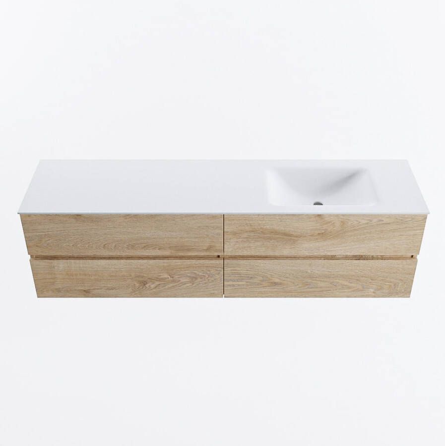 Mondiaz VICA 180cm badmeubel onderkast Washed Oak 4 lades. Wastafel CLOUD rechts zonder kraangat kleur Talc.