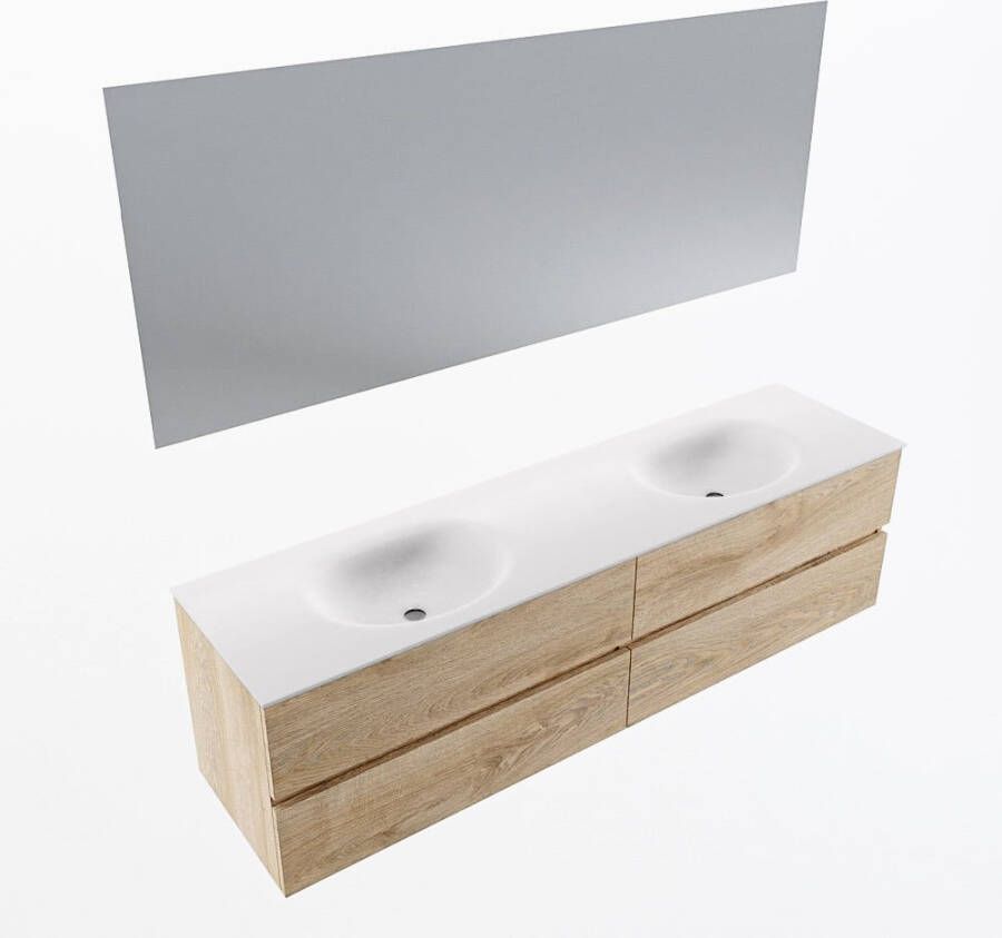Mondiaz VICA 180cm badmeubel onderkast Washed Oak 4 lades. Wastafel MOON dubbel 2 kraangaten kleur Talc.