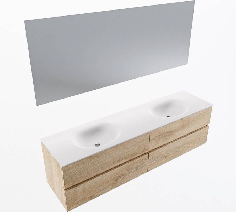 Mondiaz VICA 180cm badmeubel onderkast Washed Oak 4 lades. Wastafel MOON dubbel zonder kraangat kleur Talc.