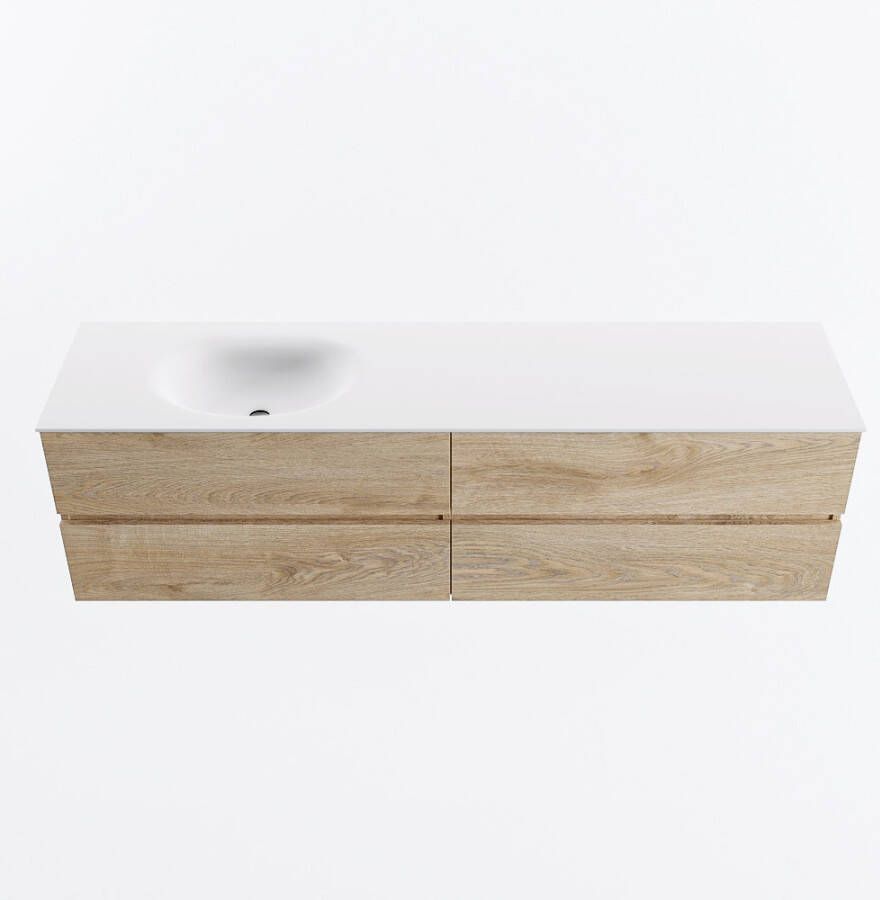 Mondiaz VICA 180cm badmeubel onderkast Washed Oak 4 lades. Wastafel MOON links 1 kraangat kleur Talc.