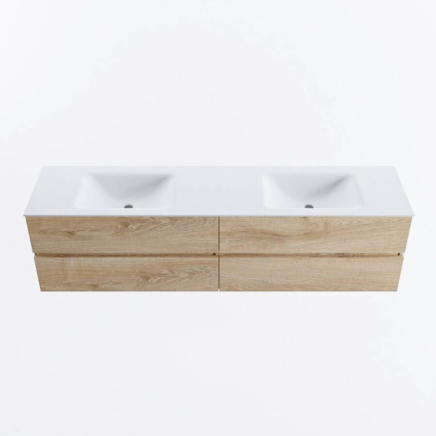 Mondiaz VICA 190cm badmeubel onderkast Washed Oak 4 lades. Wastafel CLOUD dubbel 2 kraangaten kleur Talc.