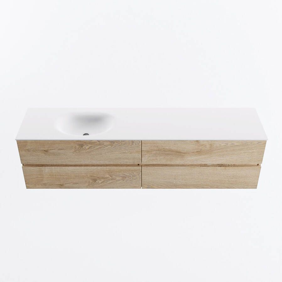 Mondiaz VICA 190cm badmeubel onderkast Washed Oak 4 lades. Wastafel MOON links zonder kraangat kleur Talc.