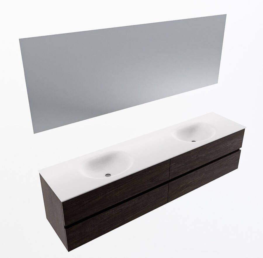 Mondiaz VICA 200cm badmeubel onderkast Dark Brown 4 lades. Wastafel MOON dubbel zonder kraangat kleur Talc.
