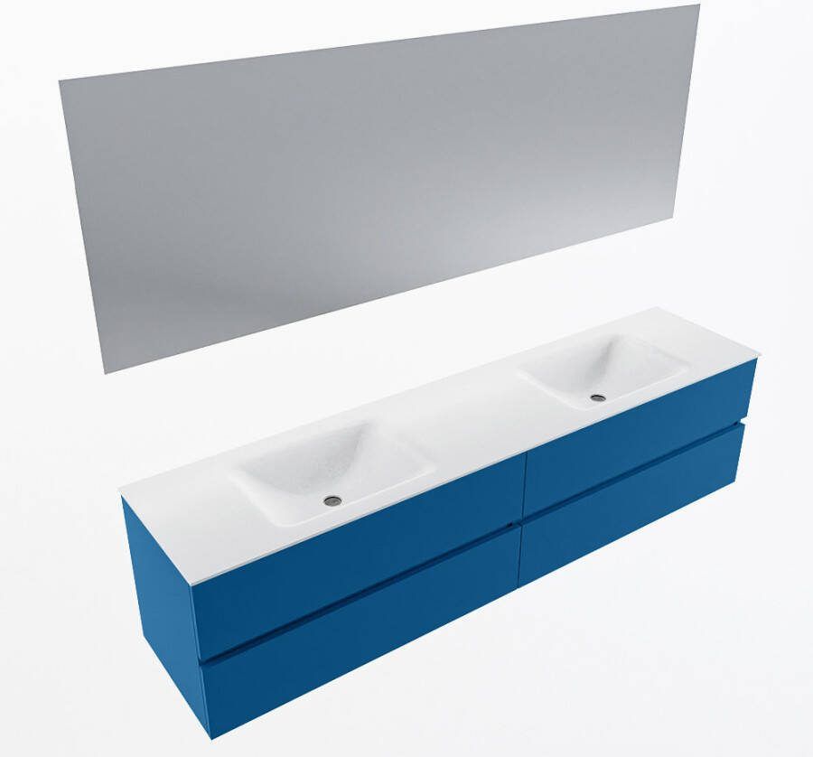 Mondiaz VICA 200cm badmeubel onderkast Jeans 4 lades. Wastafel CLOUD dubbel zonder kraangat kleur Talc.