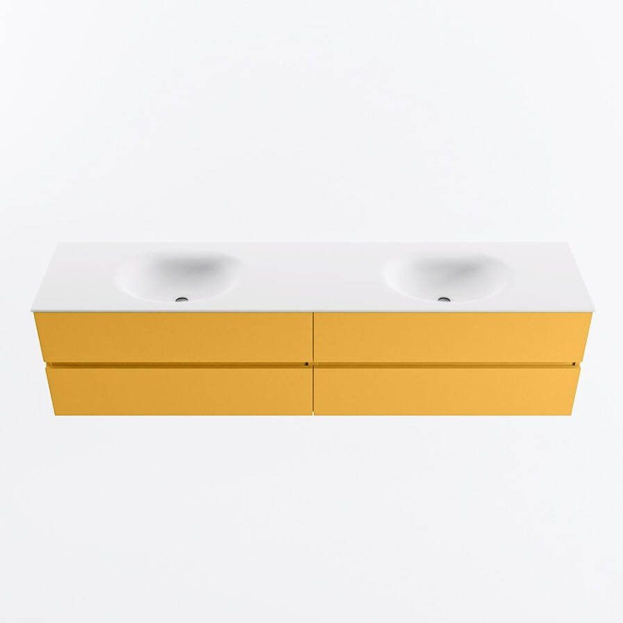 Mondiaz VICA 200cm badmeubel onderkast Ocher 4 lades. Wastafel MOON dubbel 2 kraangaten kleur Talc.