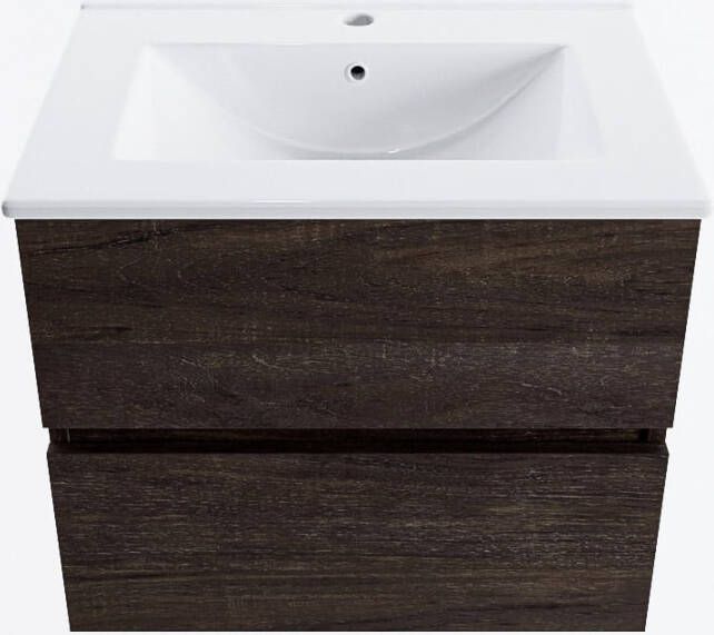 Mondiaz VICA 60cm badmeubel onderkast Dark Brown 2 lades. Wastafel DENIA midden 1 kraangat kleur Glanzend Wit.