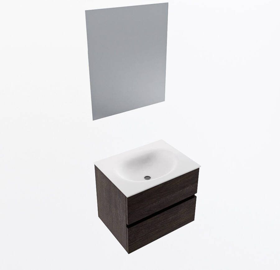 Mondiaz VICA 60cm badmeubel onderkast Dark Brown 2 lades. Wastafel MOON midden zonder kraangat kleur Talc.